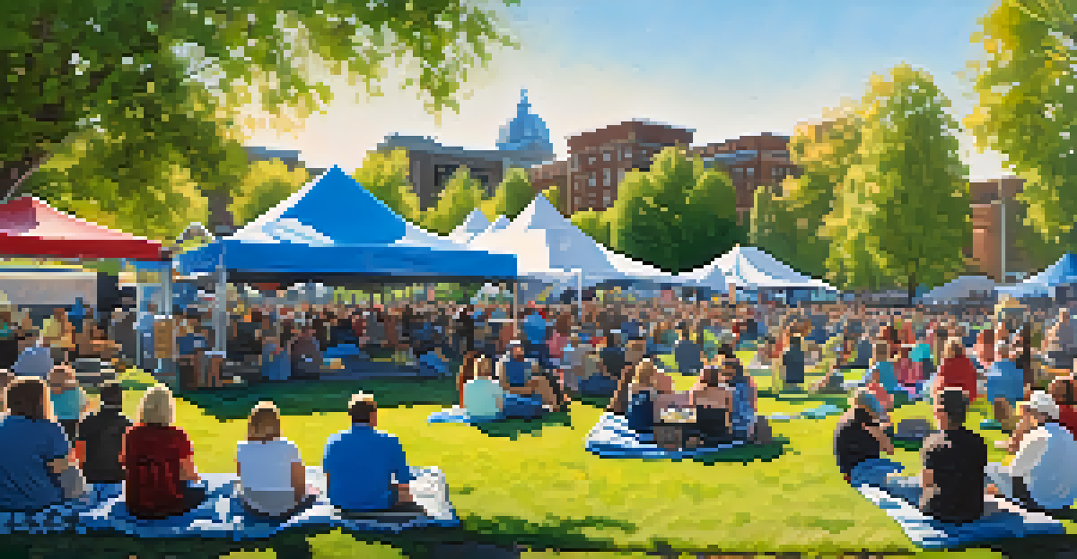 A lively outdoor concert with a diverse crowd enjoying music in a park, surrounded by colorful blankets and food vendors.
