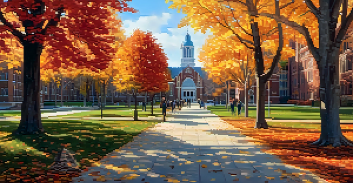 A picturesque autumn scene at Gonzaga University with students walking among colorful trees and historic buildings.