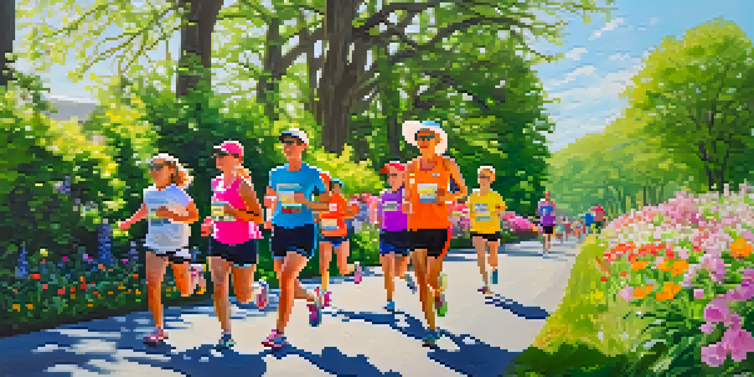 A family running in a colorful spring setting, surrounded by blooming flowers and bright sunlight.