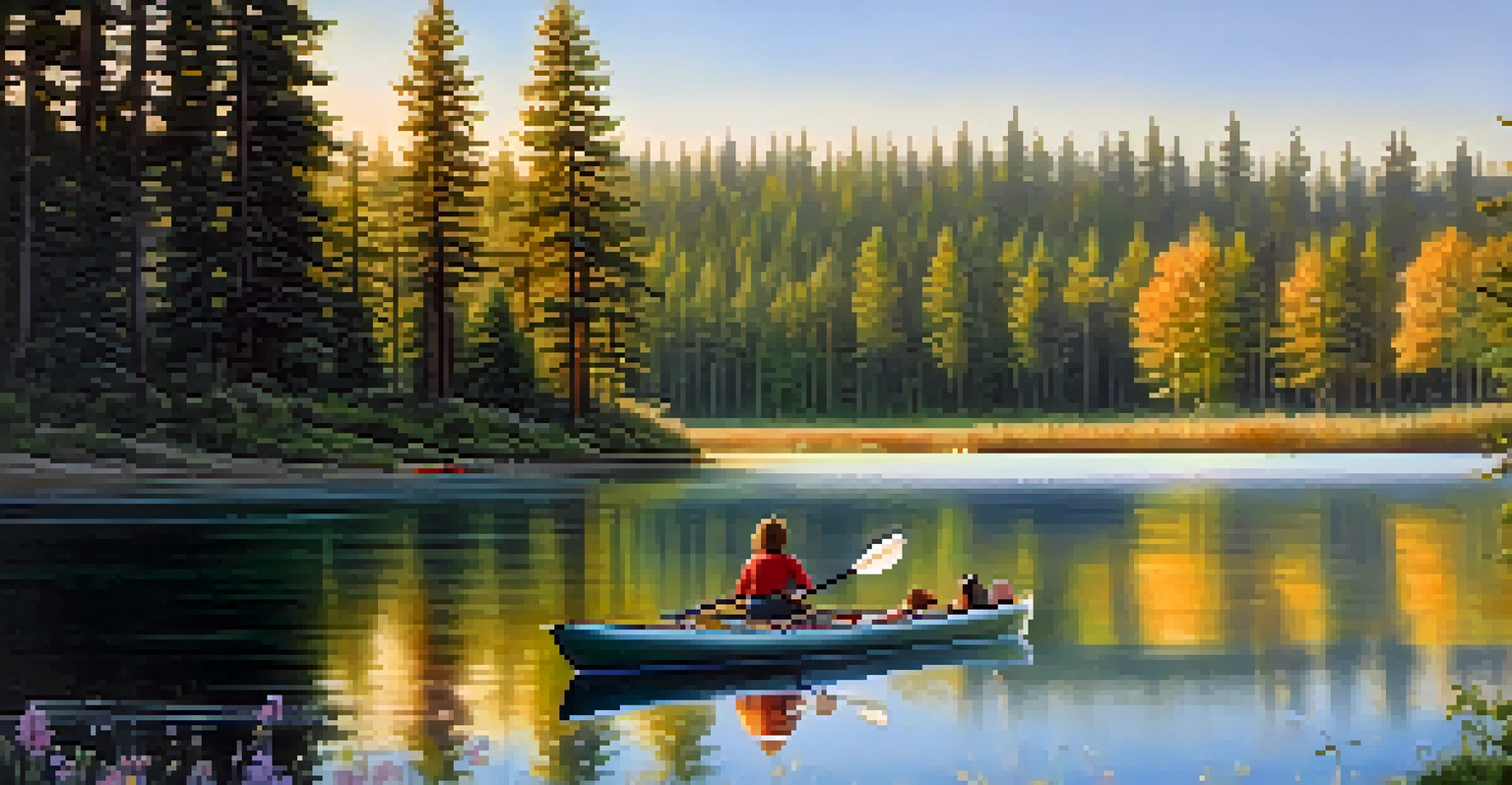 A peaceful sunrise at Liberty Lake, with calm waters and a family enjoying a picnic.