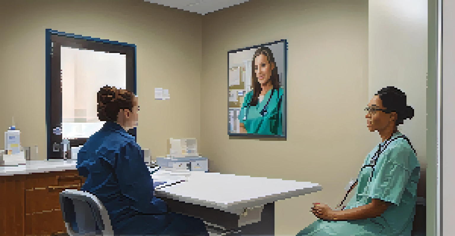 A primary care provider listening to a patient in a well-lit examination room.