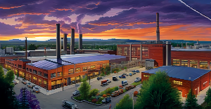 A scenic view of Spokane's manufacturing area during sunset with workers collaborating in the foreground.