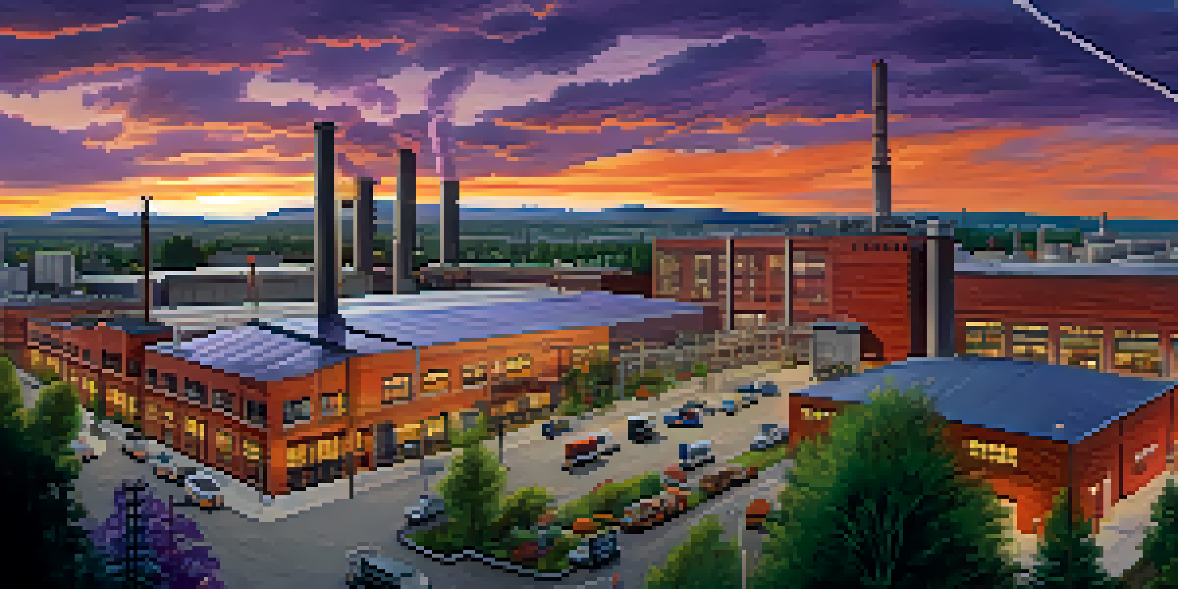A scenic view of Spokane's manufacturing area during sunset with workers collaborating in the foreground.