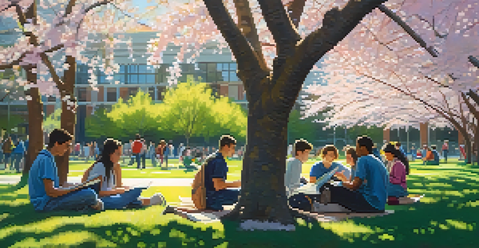 A lively college campus in Spokane with students studying under cherry blossom trees in spring.
