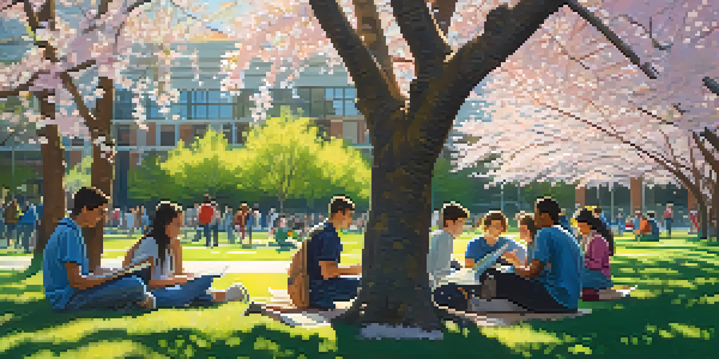 A lively college campus in Spokane with students studying under cherry blossom trees in spring.