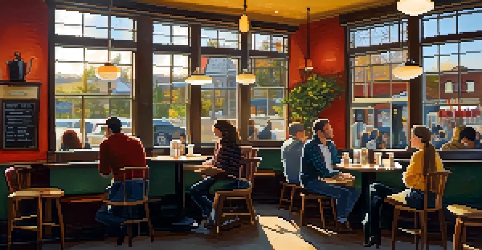 An inviting local coffee shop in Spokane with people enjoying their time, warm wooden decor, and bright sunlight coming through the windows.