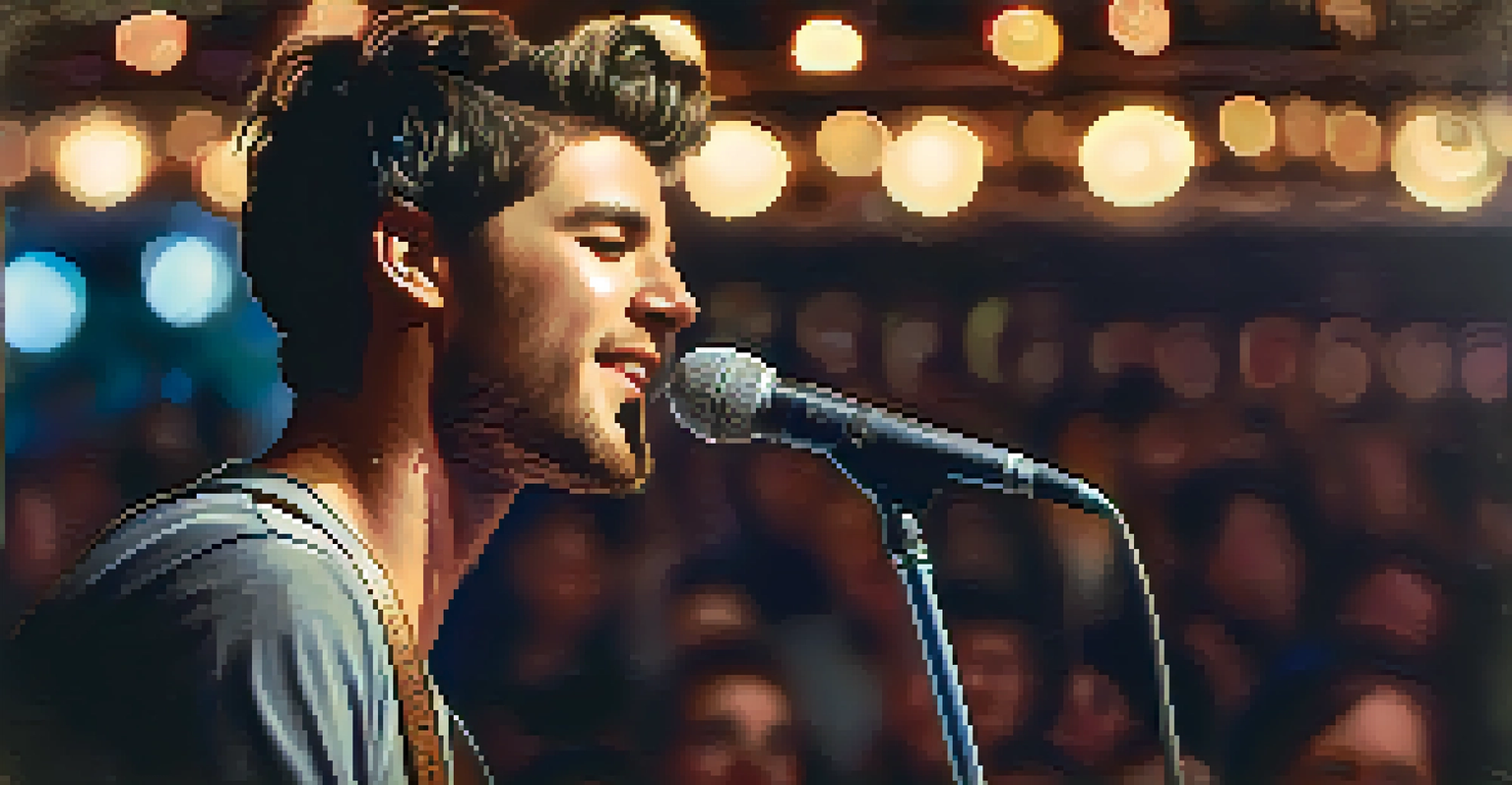 A local musician performing on stage with a microphone, showcasing their passion for indie music.