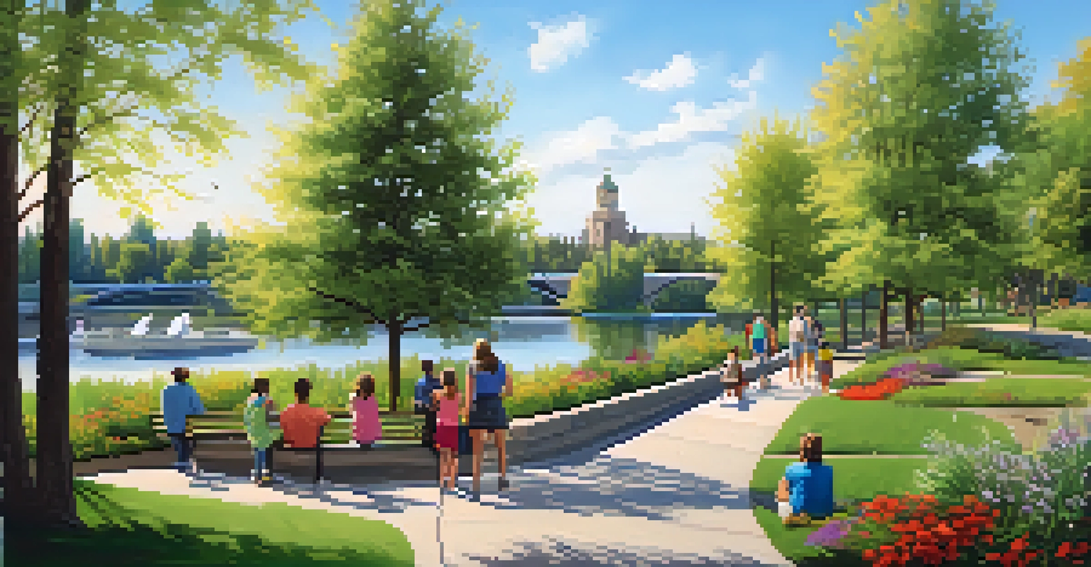 Families enjoying a sunny day at Spokane Riverfront Park, surrounded by greenery and views of the river.