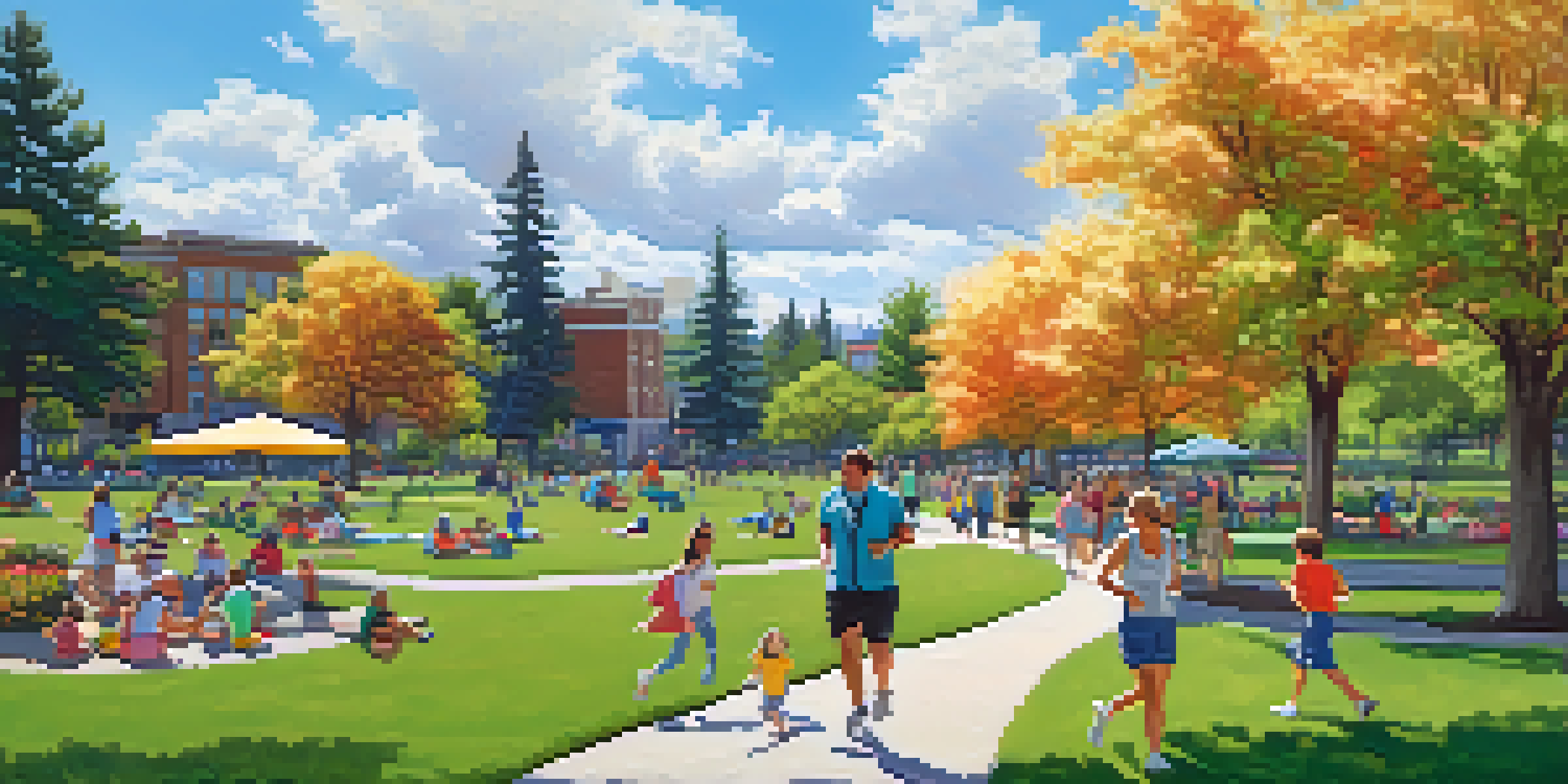 A lively urban park in Spokane filled with people jogging, picnicking, and children playing under tall trees and a clear blue sky.