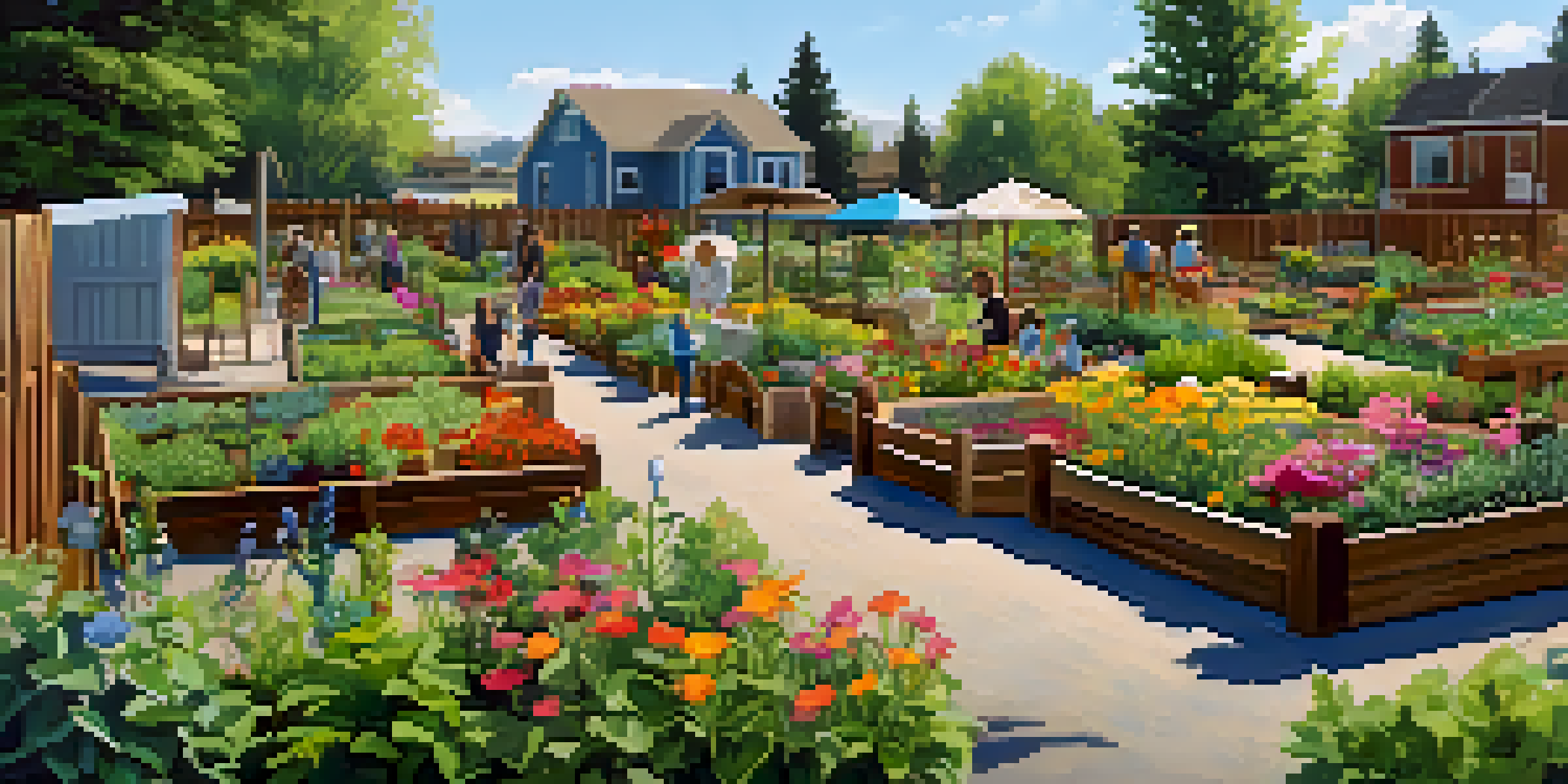 A community garden in Spokane with residents gardening, surrounded by colorful flowers and greenery.