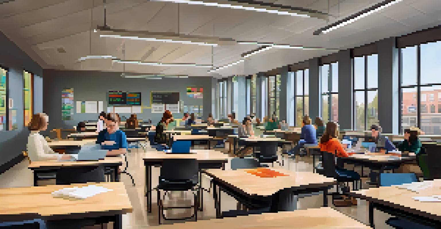 A bright and modern classroom at Washington State University Spokane with students working together at tables.
