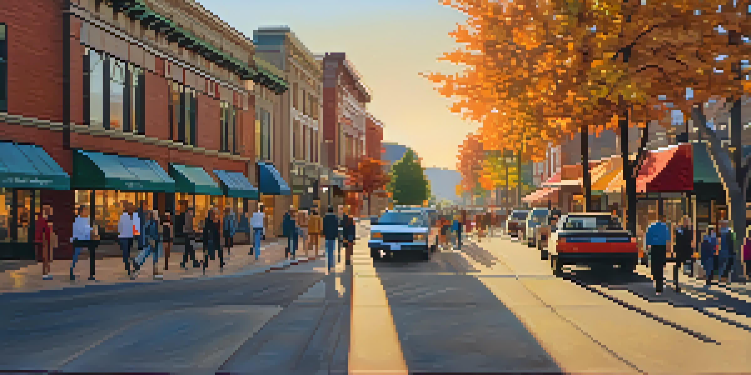 A vibrant Spokane street scene at sunset, filled with people and colorful storefronts.