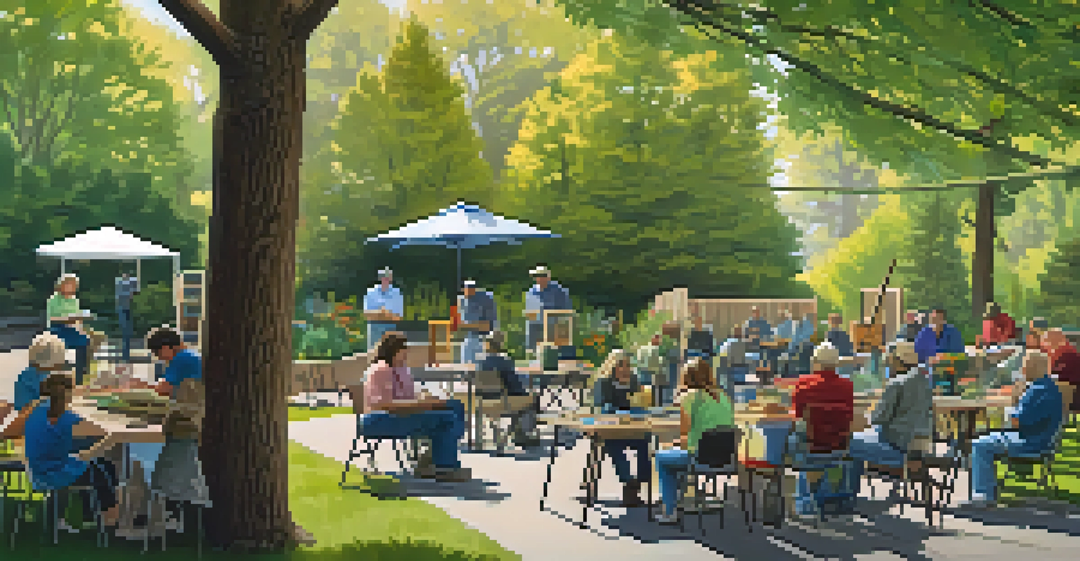 A community workshop outdoors in Spokane where residents are learning about tree care, with tools and an expert demonstrating pruning techniques.