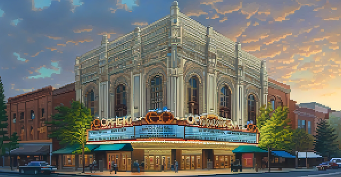 A beautifully lit historic theater with intricate architectural details surrounded by greenery and flowers at dusk.