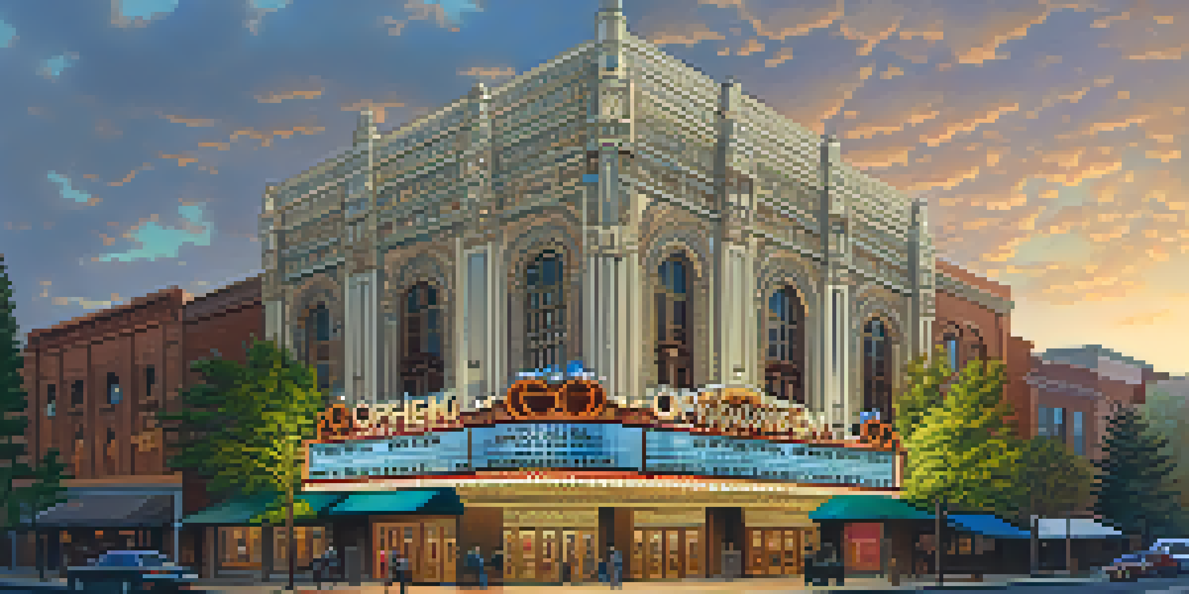 A beautifully lit historic theater with intricate architectural details surrounded by greenery and flowers at dusk.