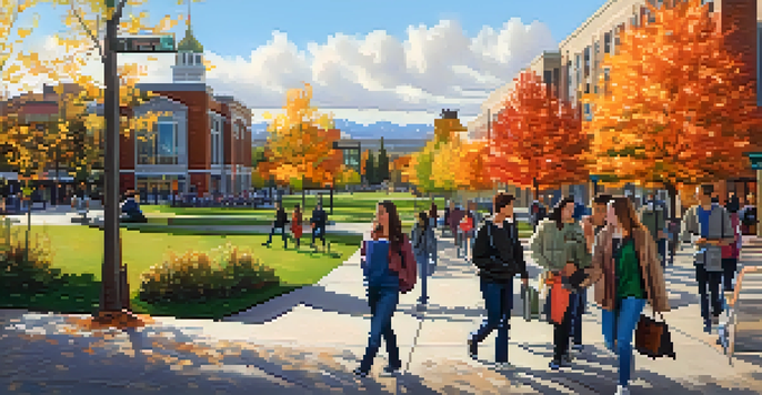 A lively city scene in Spokane showcasing students, educational institutions, and local businesses surrounded by autumn foliage.