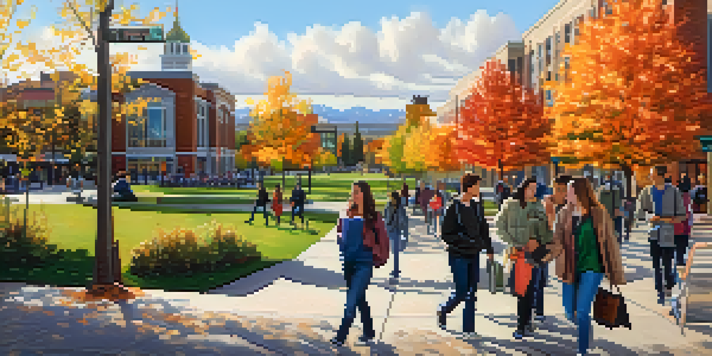 A lively city scene in Spokane showcasing students, educational institutions, and local businesses surrounded by autumn foliage.