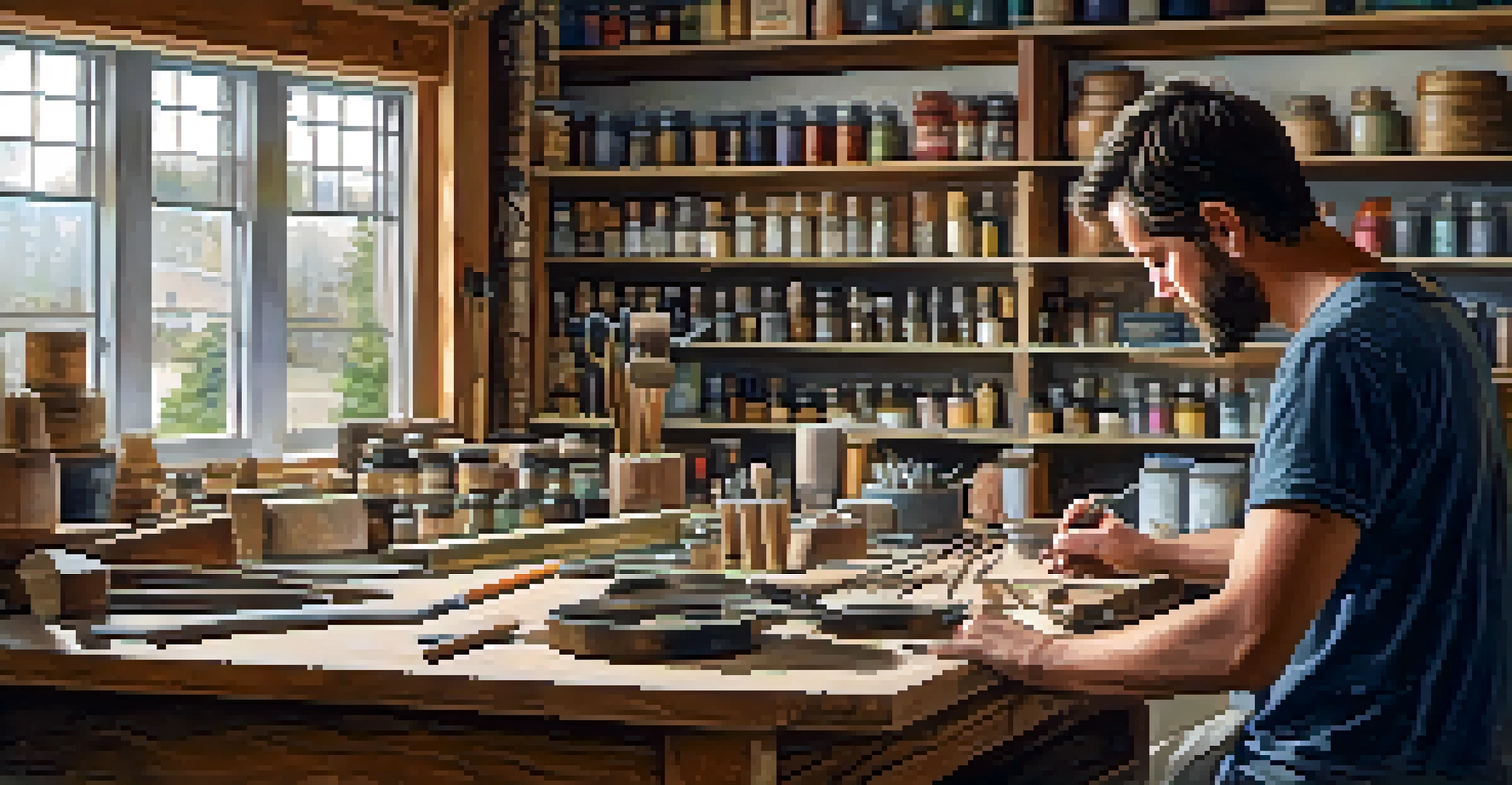 An artisan in Spokane working on handmade crafts in a bright workshop filled with natural light and various materials.