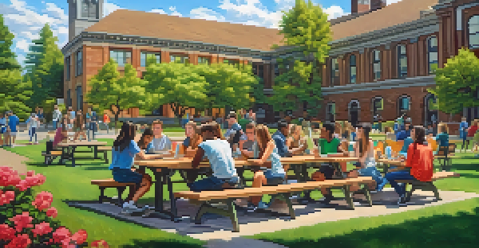 A lively college campus in Spokane with diverse students interacting and enjoying their time outdoors, surrounded by greenery and historic buildings.