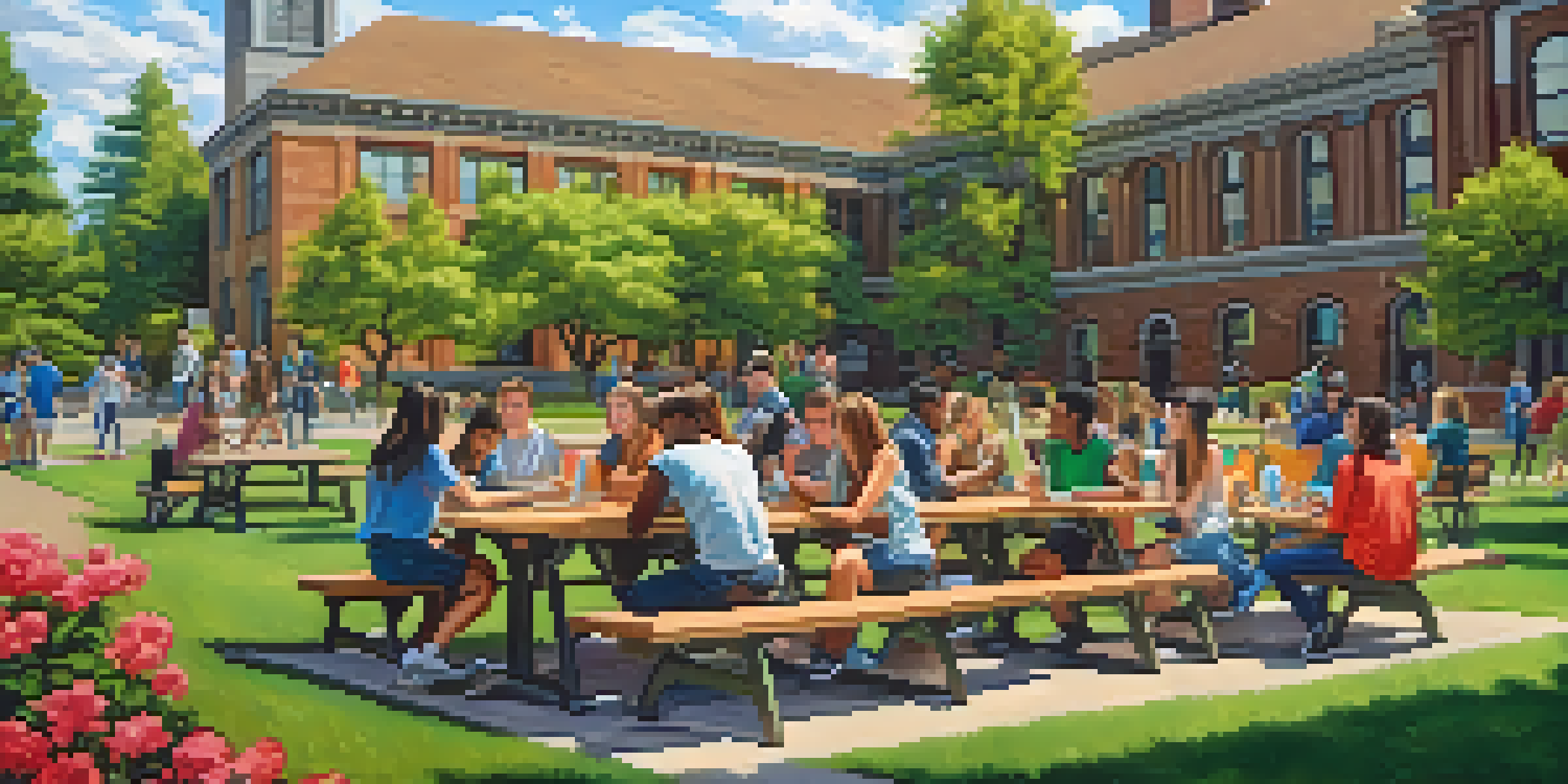 A lively college campus in Spokane with diverse students interacting and enjoying their time outdoors, surrounded by greenery and historic buildings.