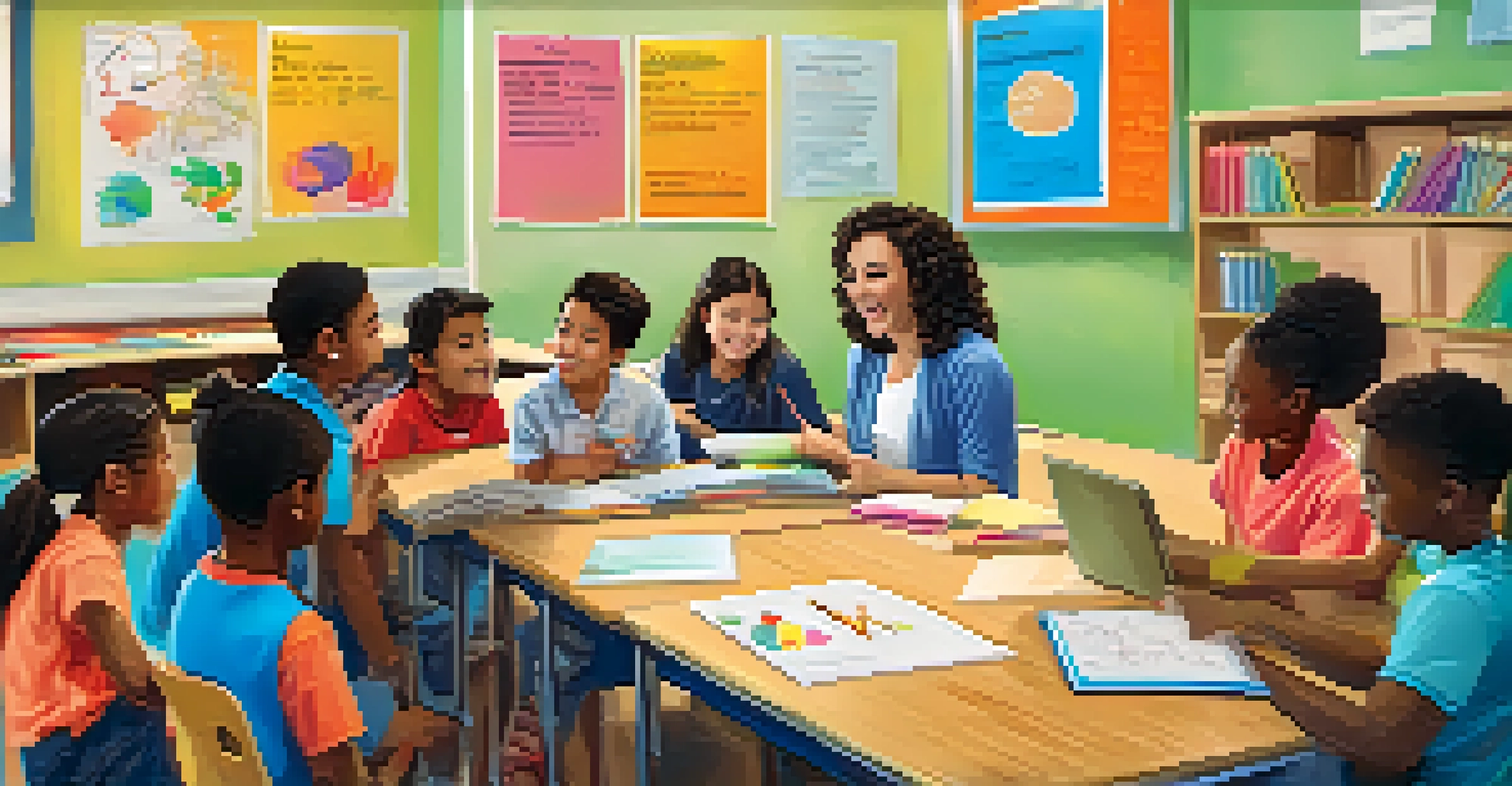 A colorful classroom with a teacher and diverse students collaborating on a project using technology.