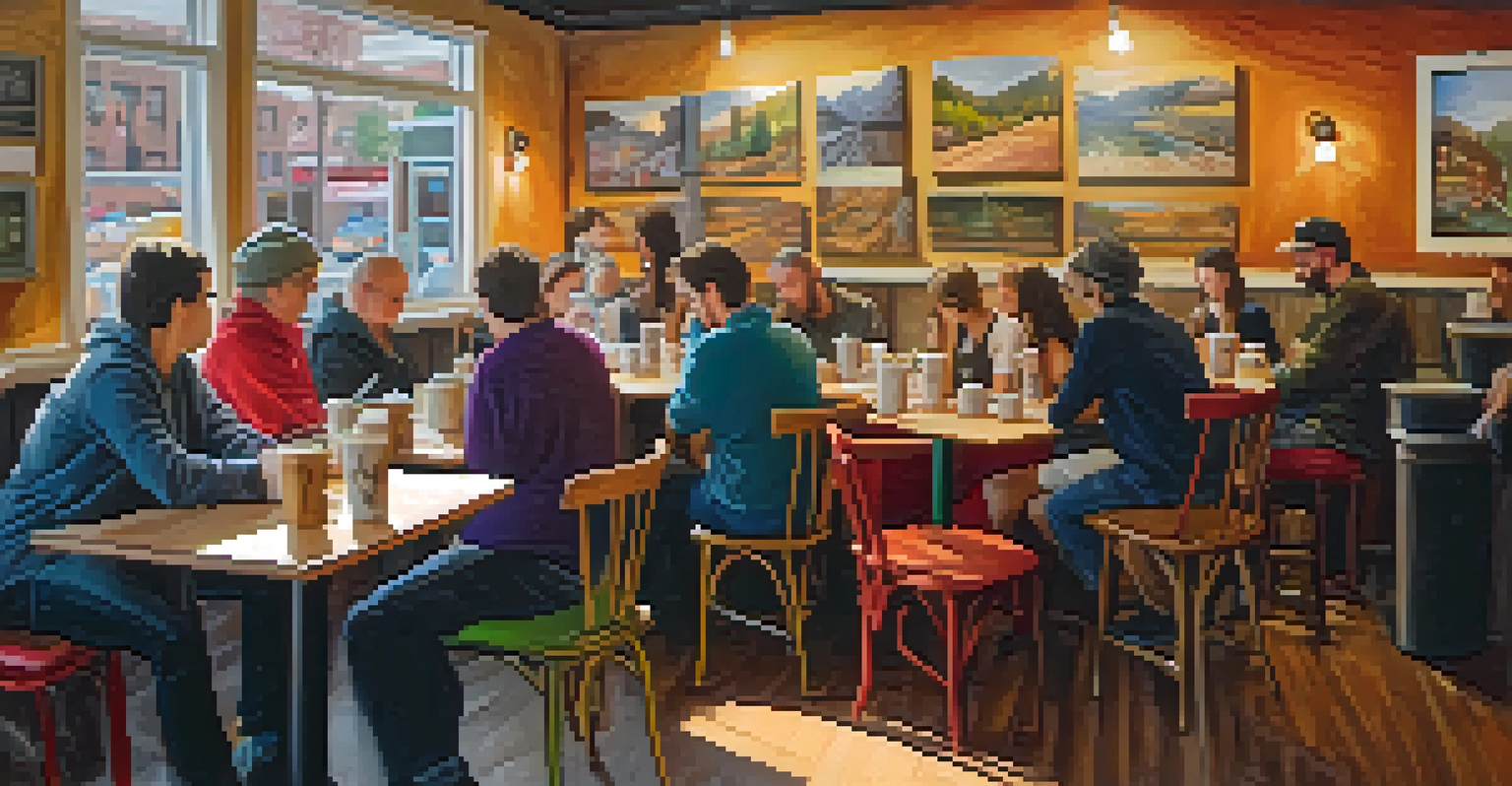 A cozy coffee shop in Spokane with local artists collaborating on art projects, surrounded by warm lighting and colorful artwork.