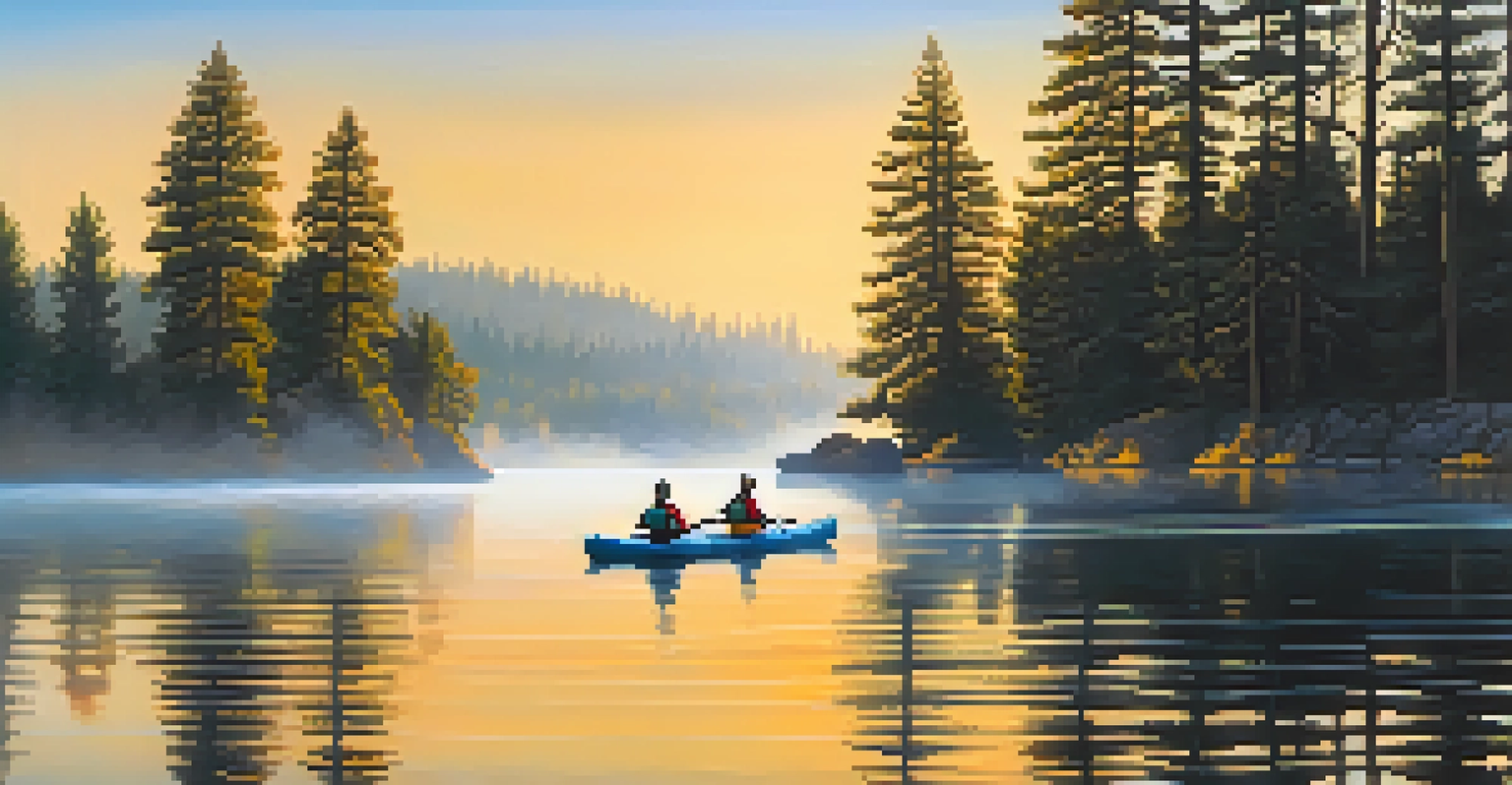 A peaceful early morning view of the Spokane River with mist and kayakers under the soft glow of sunrise.