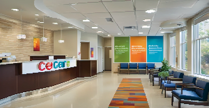 A modern urgent care center reception area with a friendly receptionist and patients waiting.