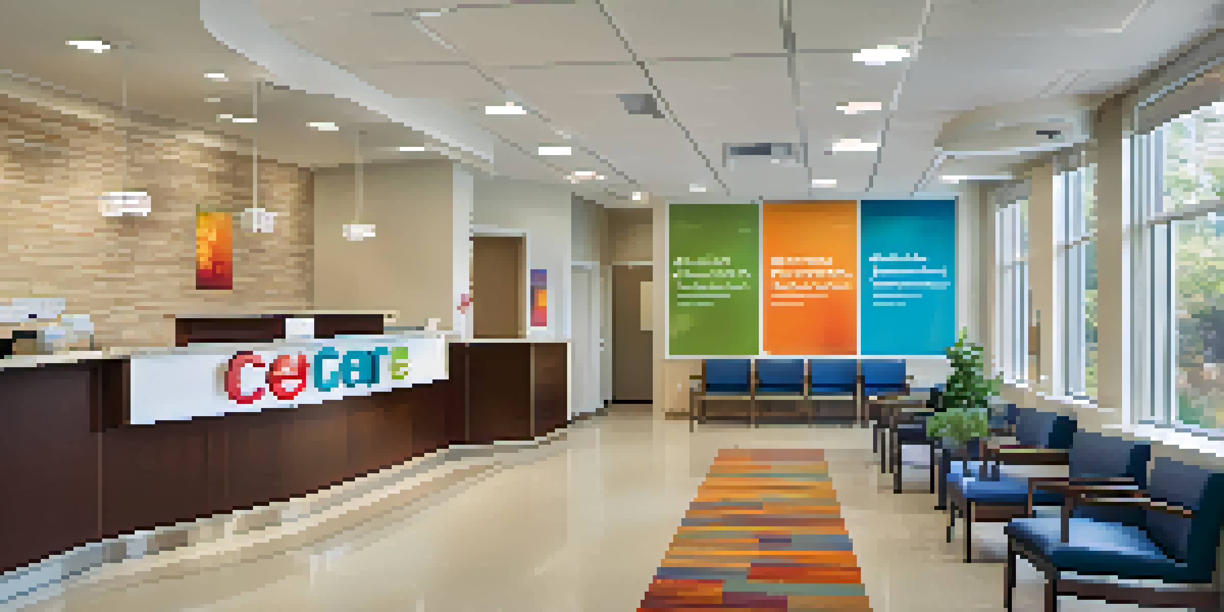 A modern urgent care center reception area with a friendly receptionist and patients waiting.