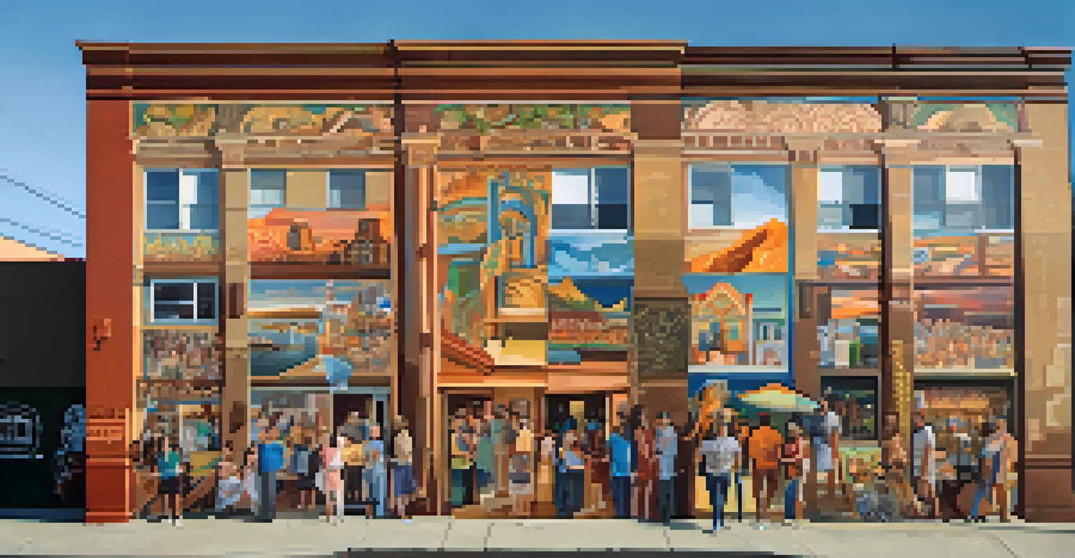 A colorful mural on a Spokane building showcasing community and local culture, with diverse scenes and artistic expressions illuminated by sunlight.