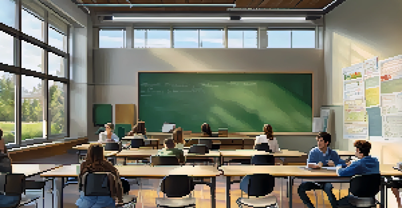 A classroom at Spokane Falls Community College with students engaged in discussion, large windows allowing natural light in.