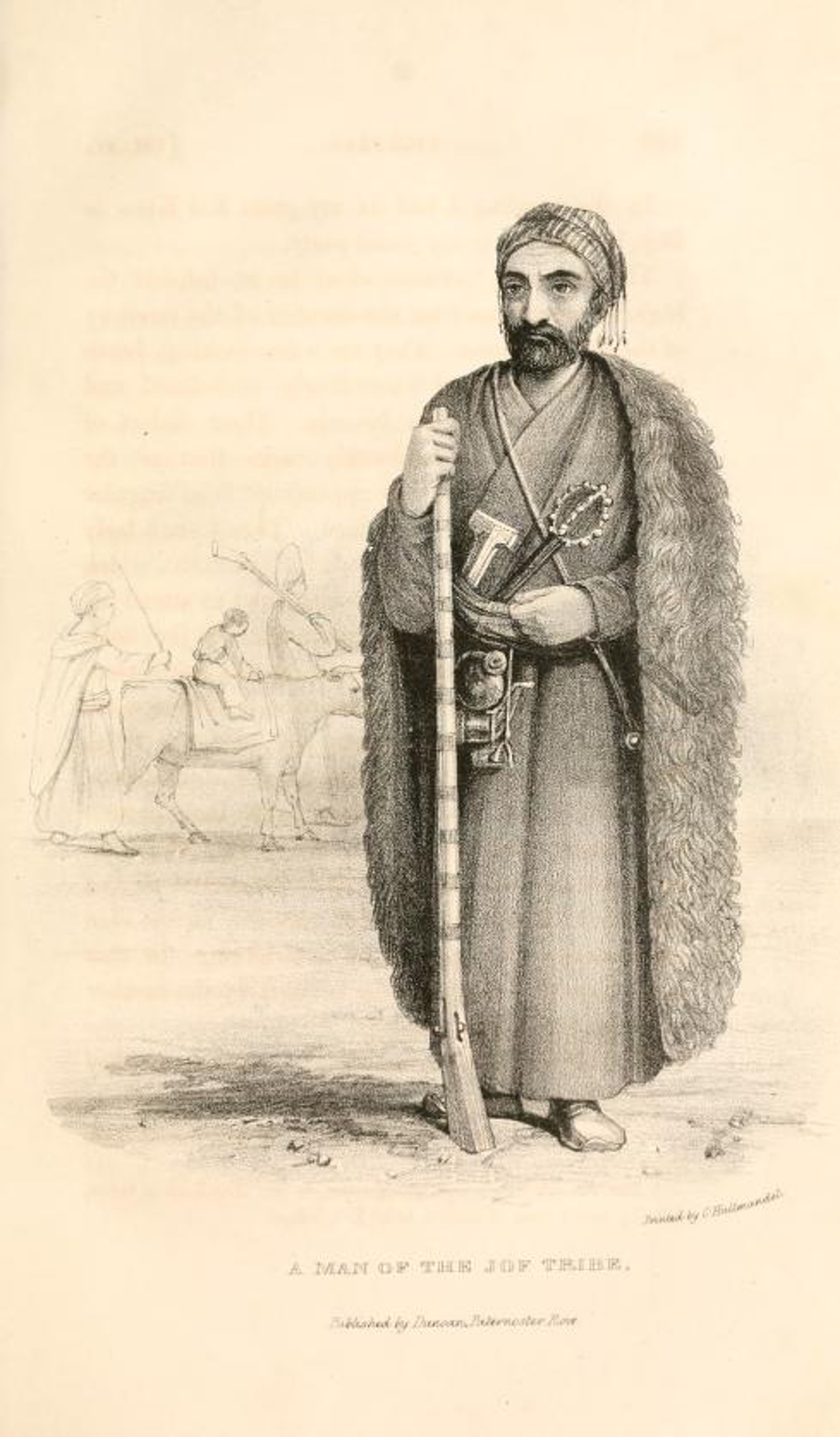 A Kurdish man of the Jaf tribe in a long robe and fur-lined cloak, holding a long gun, with riders in the background; lithograph from Claudius James Rich's Narrative of a Residence in Koordistan (1836).