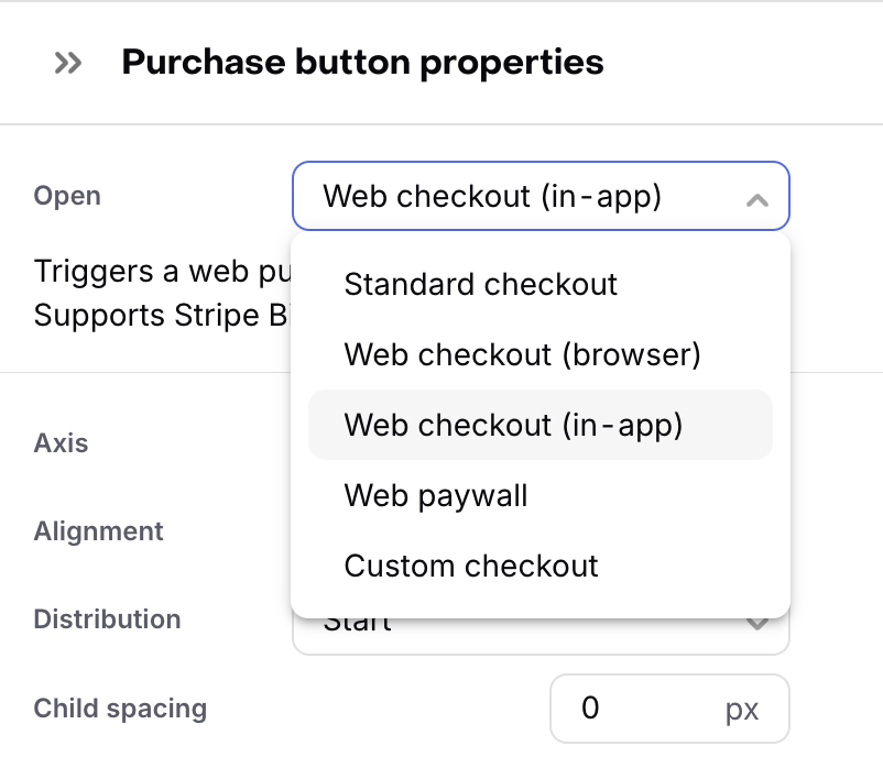 purchase button properies showing web checkout in-app and link out