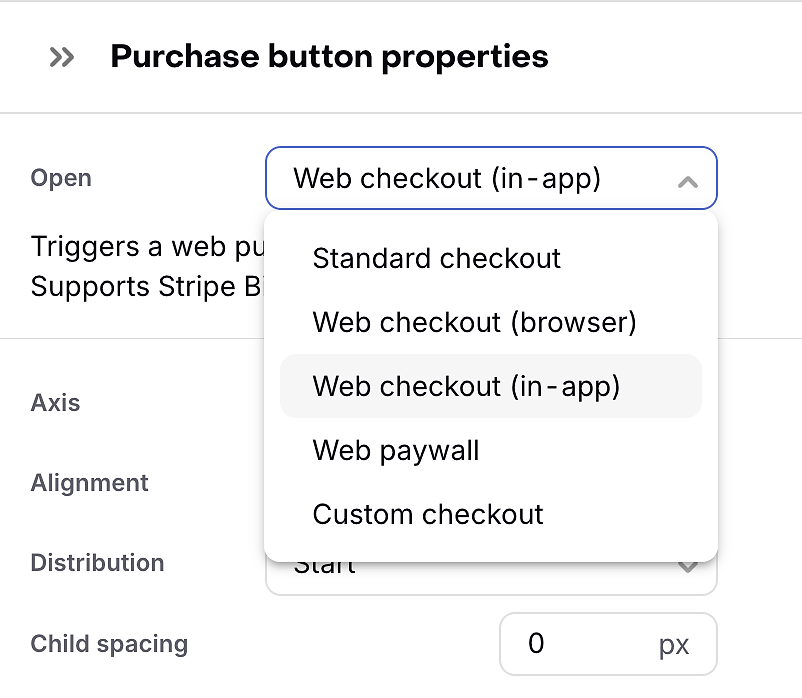 purchase button properies showing web checkout in-app and link out