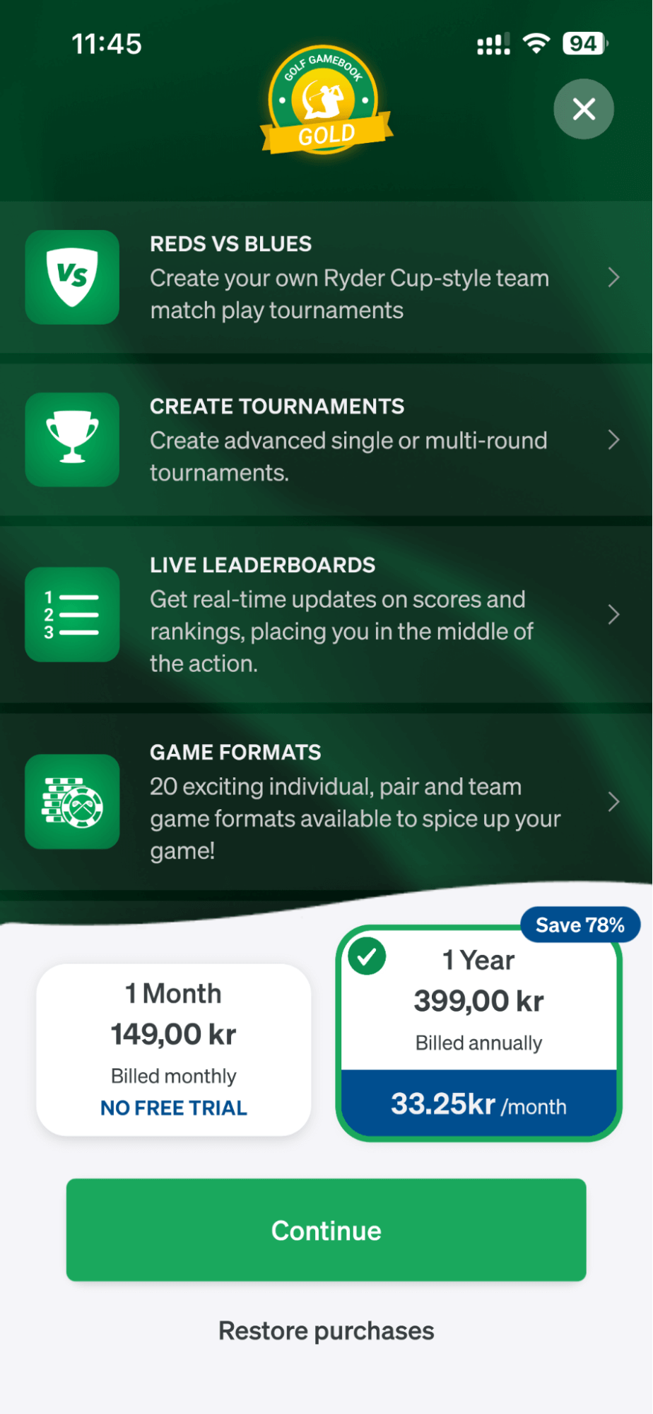 Paywall from Golf GameBook app with dark green background and detailed feature list