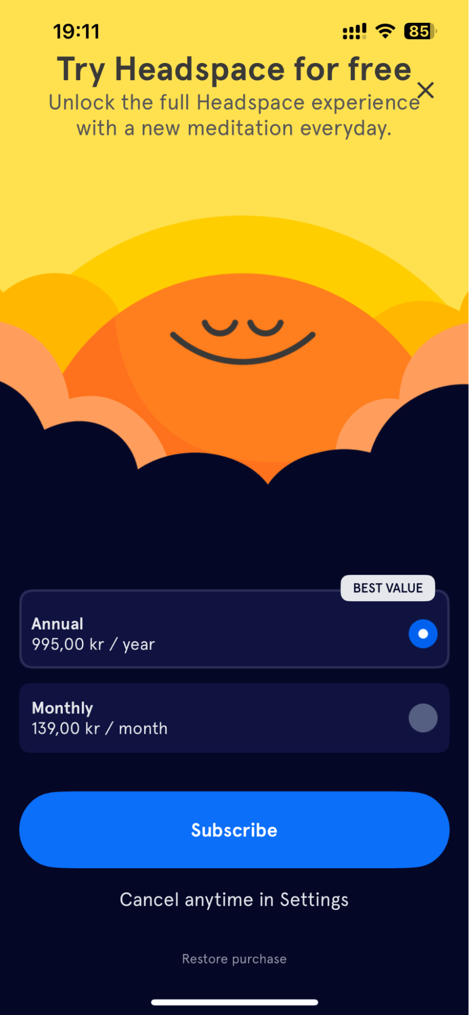 Headspace paywall with bright visuals, minimal copy, and clear CTA options.