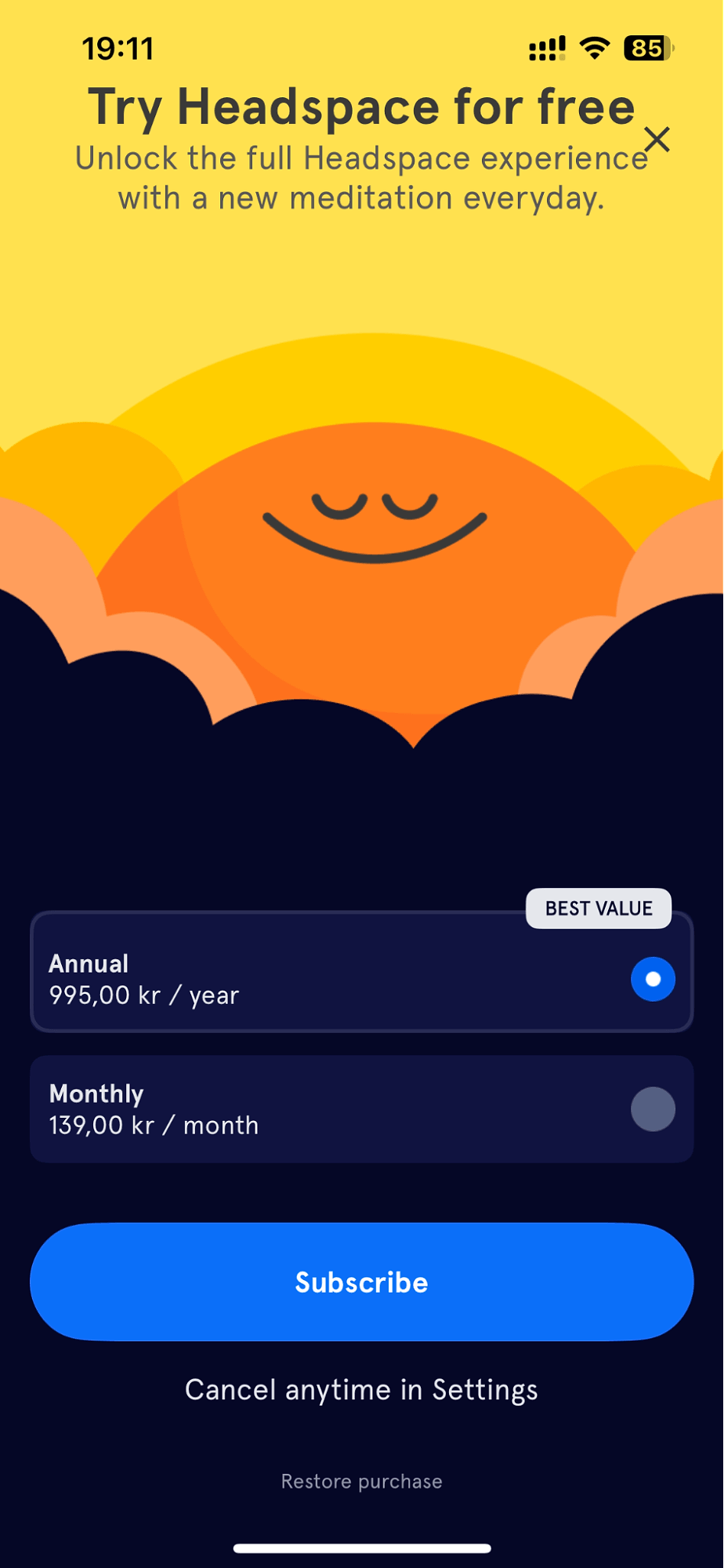Headspace paywall with bright visuals, minimal copy, and clear CTA options.