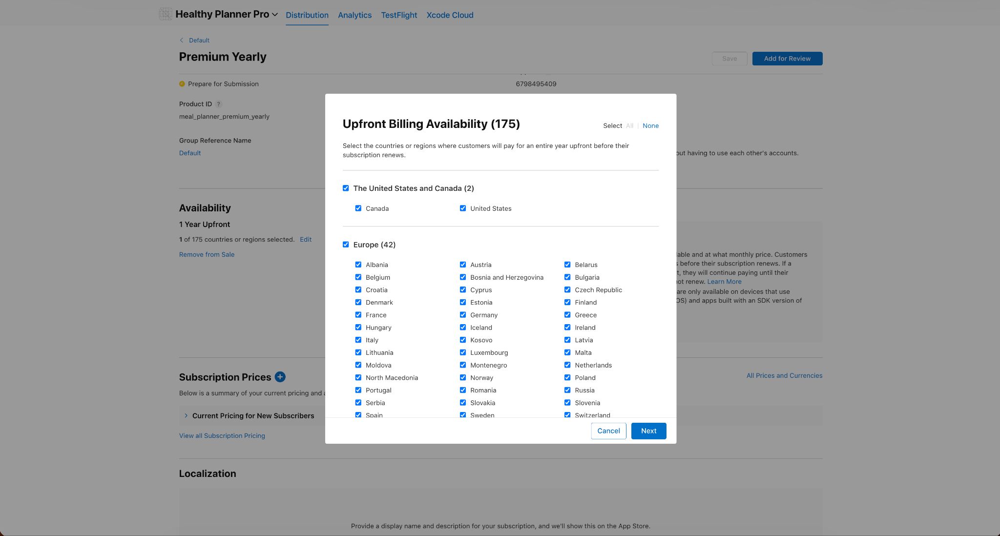 App Store Connect’s “Upfront Billing Availability” dialog for the Premium Yearly subscription, showing country and region selections for one-year upfront billing before renewal.