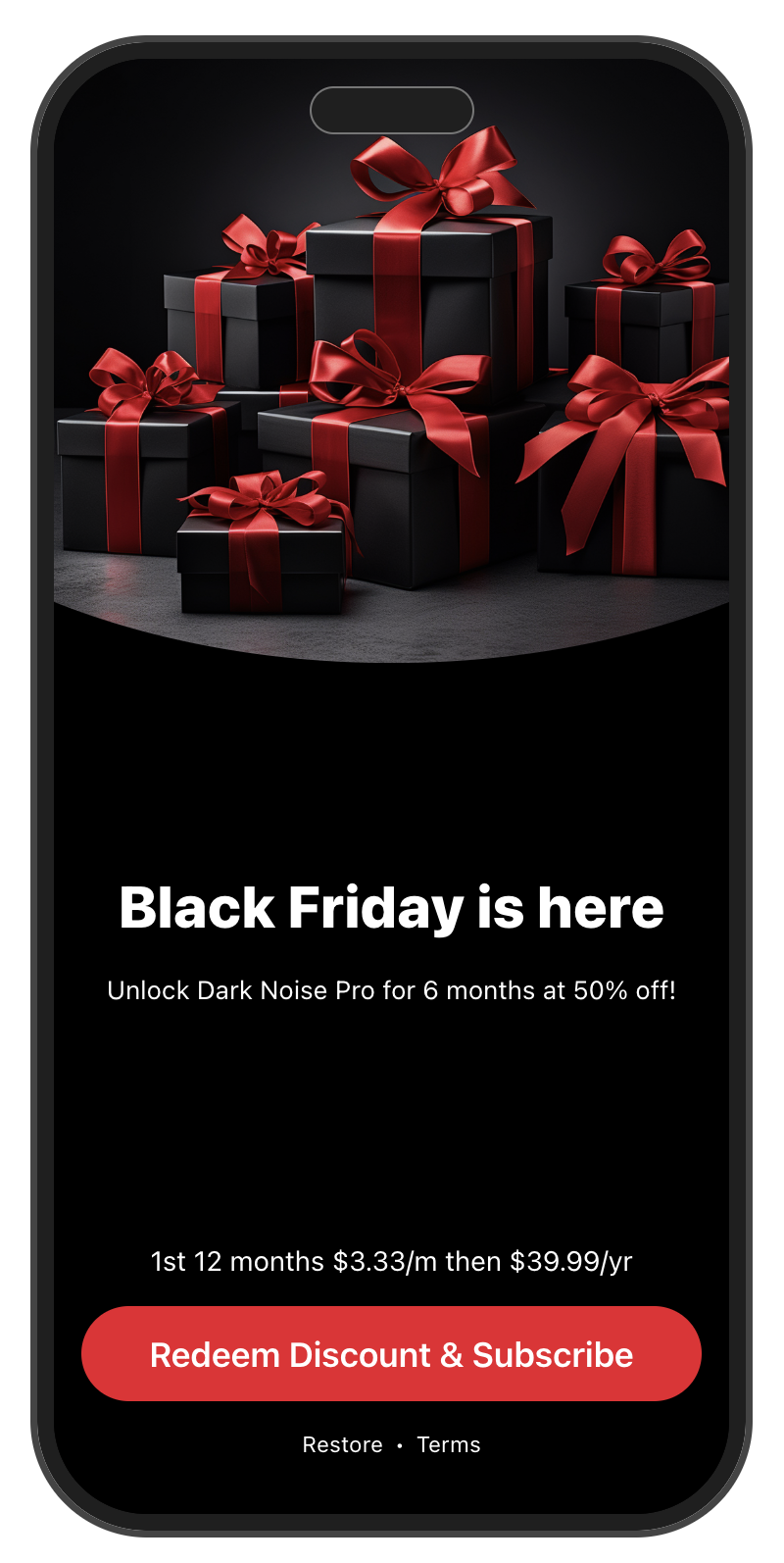 Example of a custom paywall marketing a Black Friday sale built with RevenueCat Paywalls