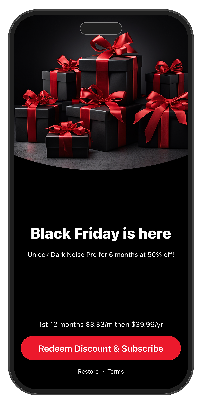 Example of a custom paywall marketing a Black Friday sale built with RevenueCat Paywalls