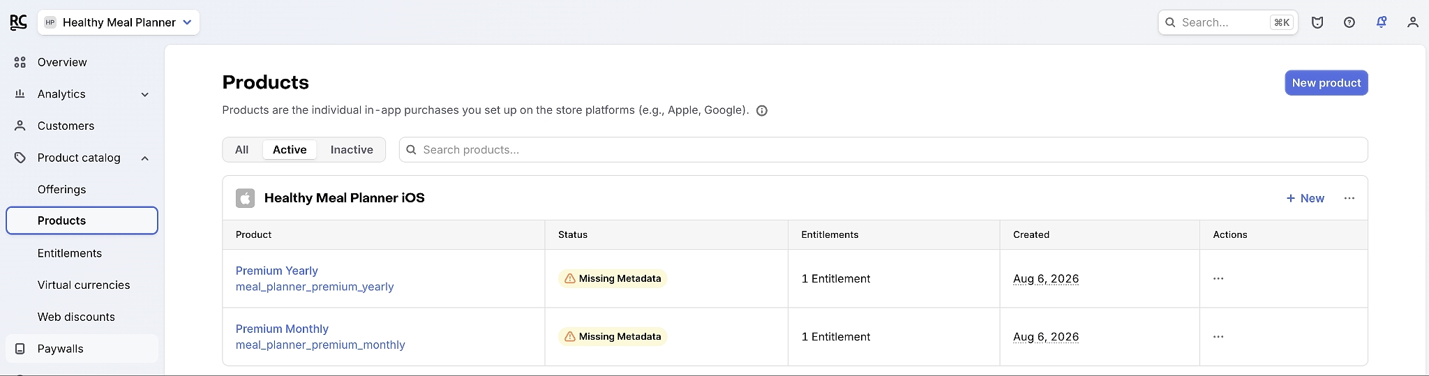 RevenueCat’s Products page for Healthy Meal Planner iOS shows Premium Yearly and Premium Monthly products, each linked to one entitlement and marked "Missing Metadata".