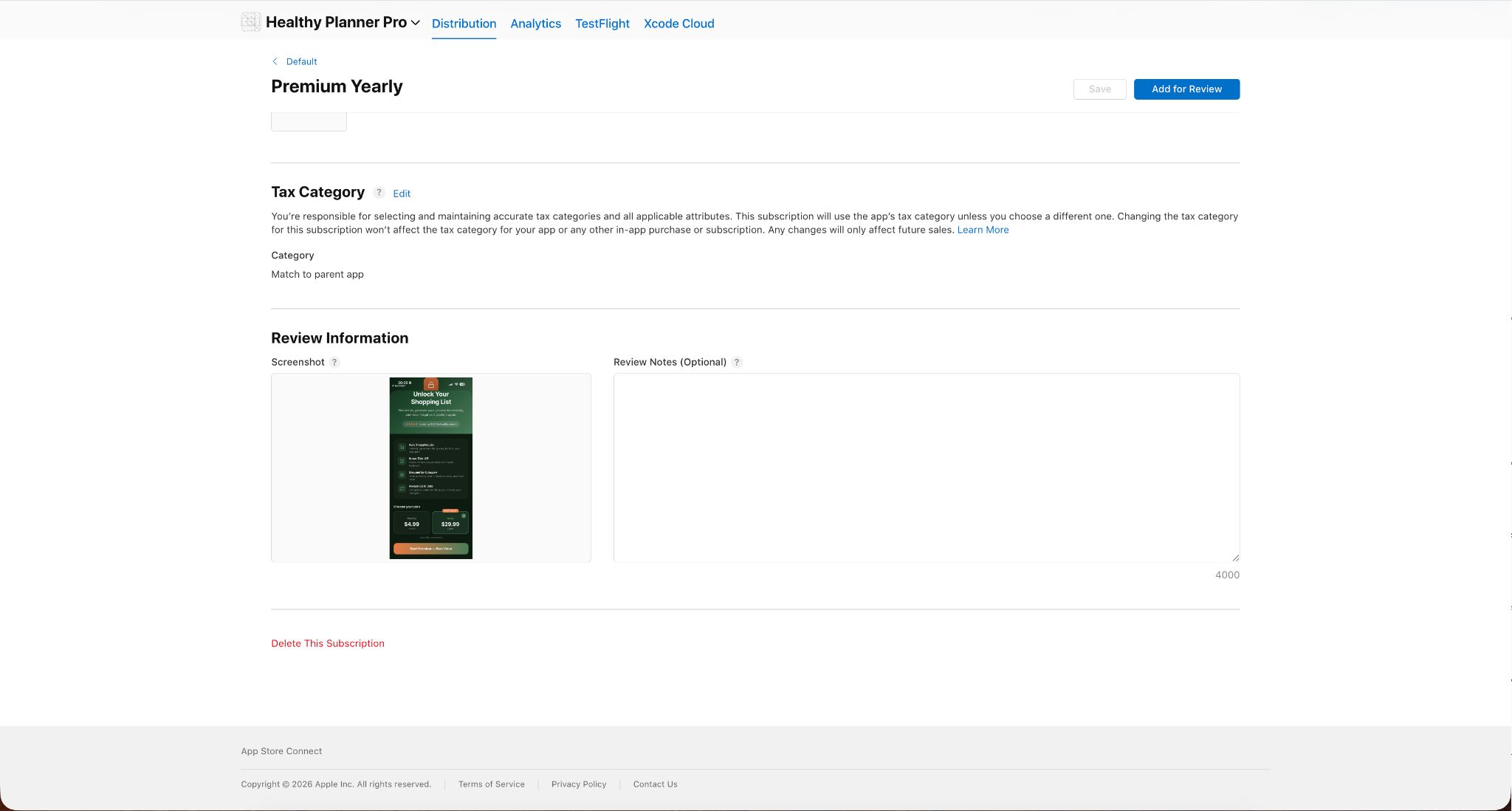 App Store Connect’s Premium Yearly subscription page shows the tax category set to match the parent app and review information with a paywall screenshot uploaded.
