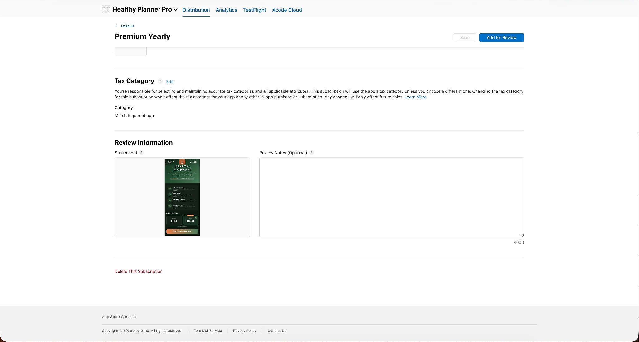 App Store Connect’s Premium Yearly subscription page shows the tax category set to match the parent app and review information with a paywall screenshot uploaded.