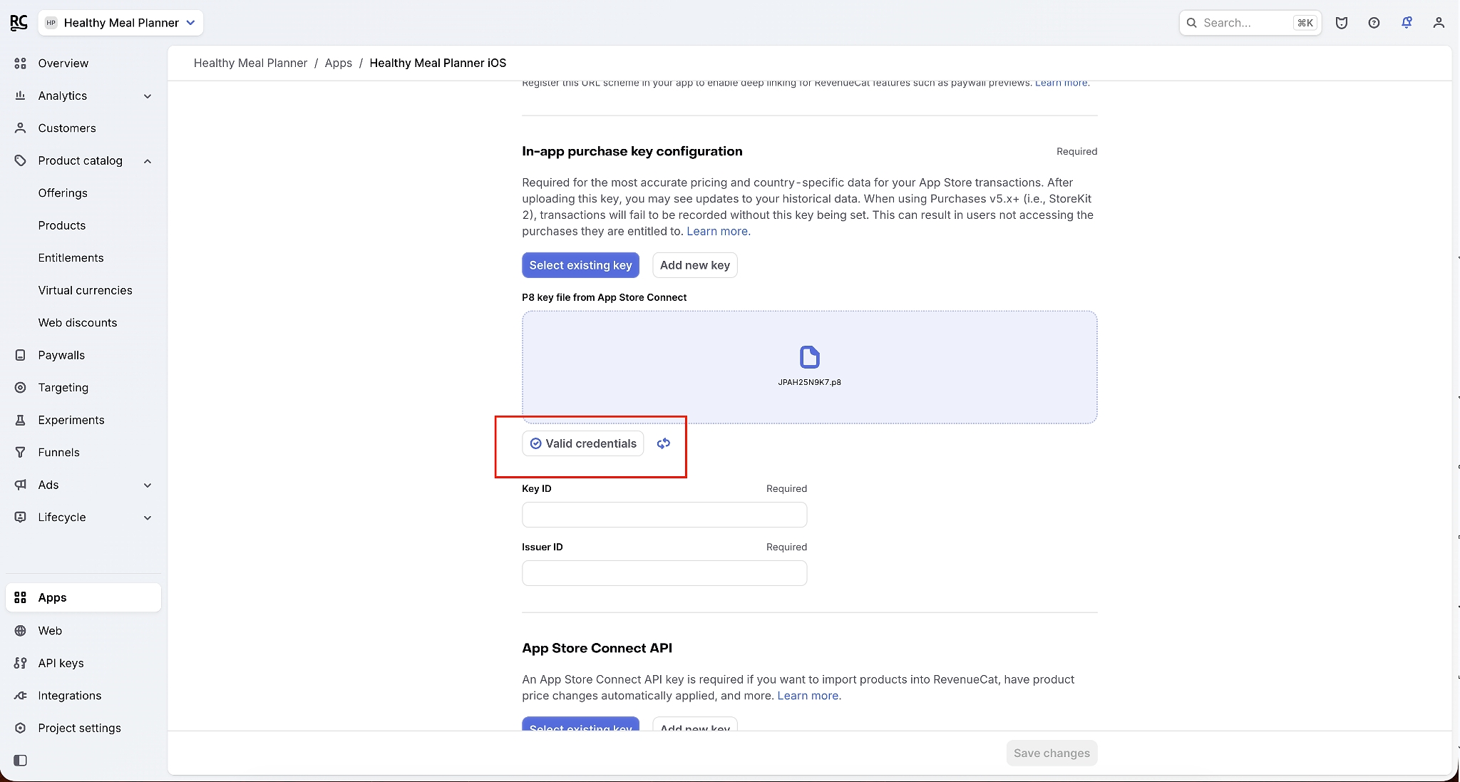 RevenueCat’s Healthy Meal Planner iOS app configuration page shows a valid App Store Connect in-app purchase key uploaded, with fields for the required Key ID and Issuer ID.