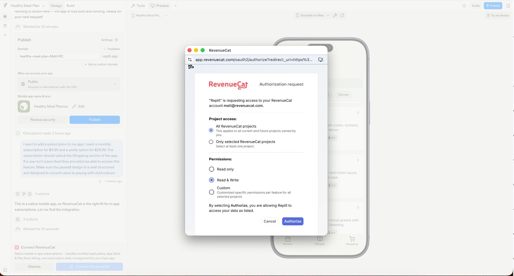 RevenueCat authorization request in Replit, showing project access and permission options before the user can authorize Replit to access their RevenueCat account.