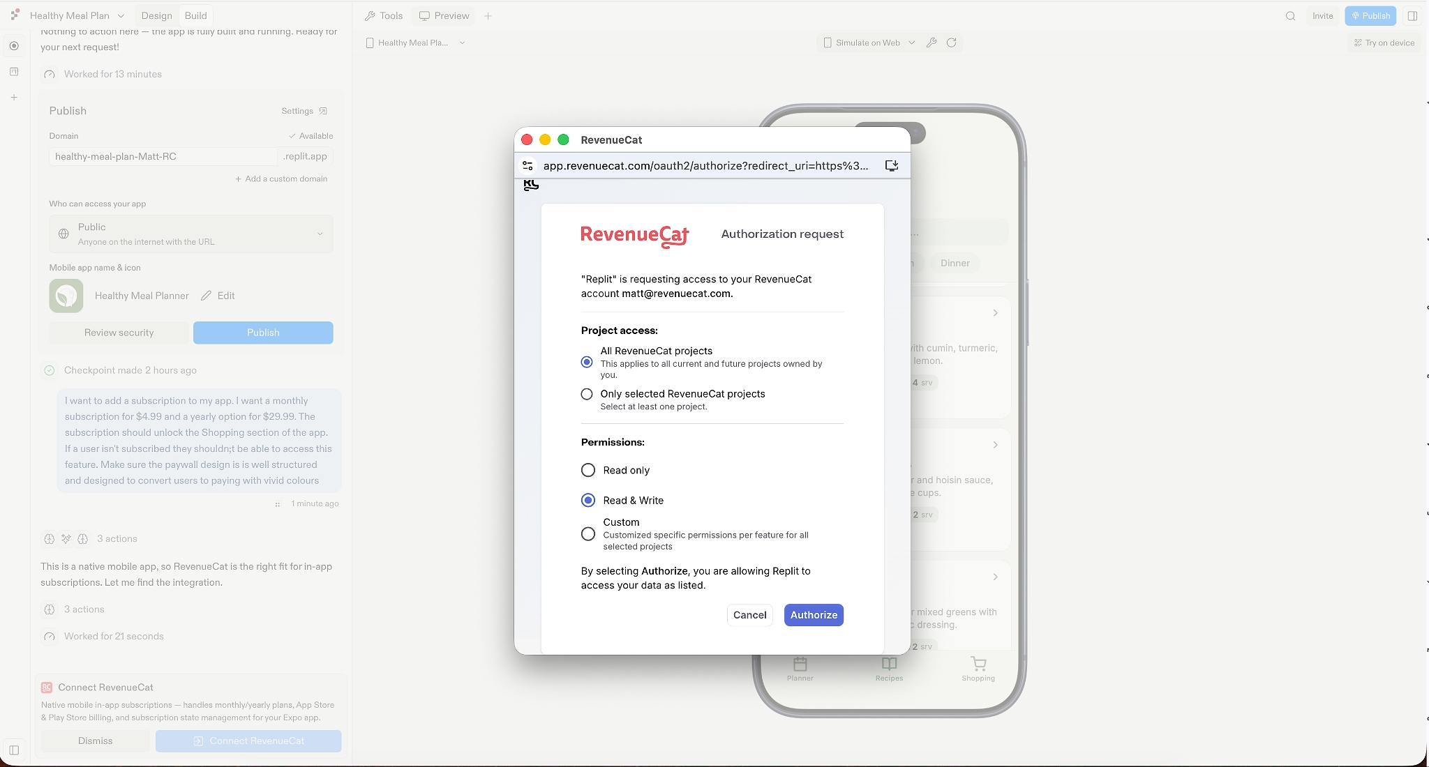 RevenueCat authorization request in Replit, showing project access and permission options before the user can authorize Replit to access their RevenueCat account.