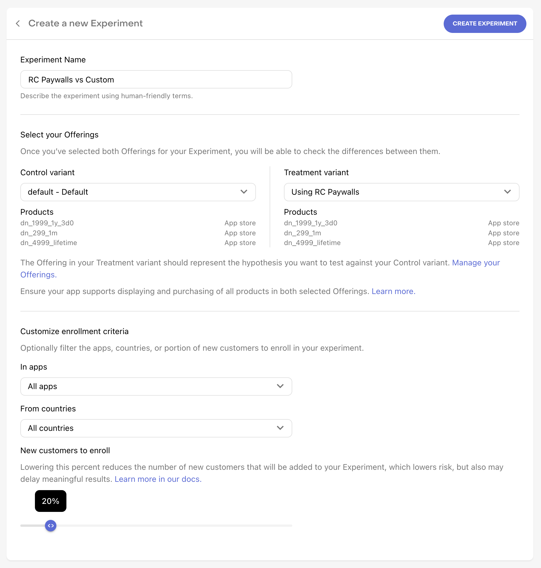 Experiment settings for testing my old paywall against the new RevenueCat paywall.