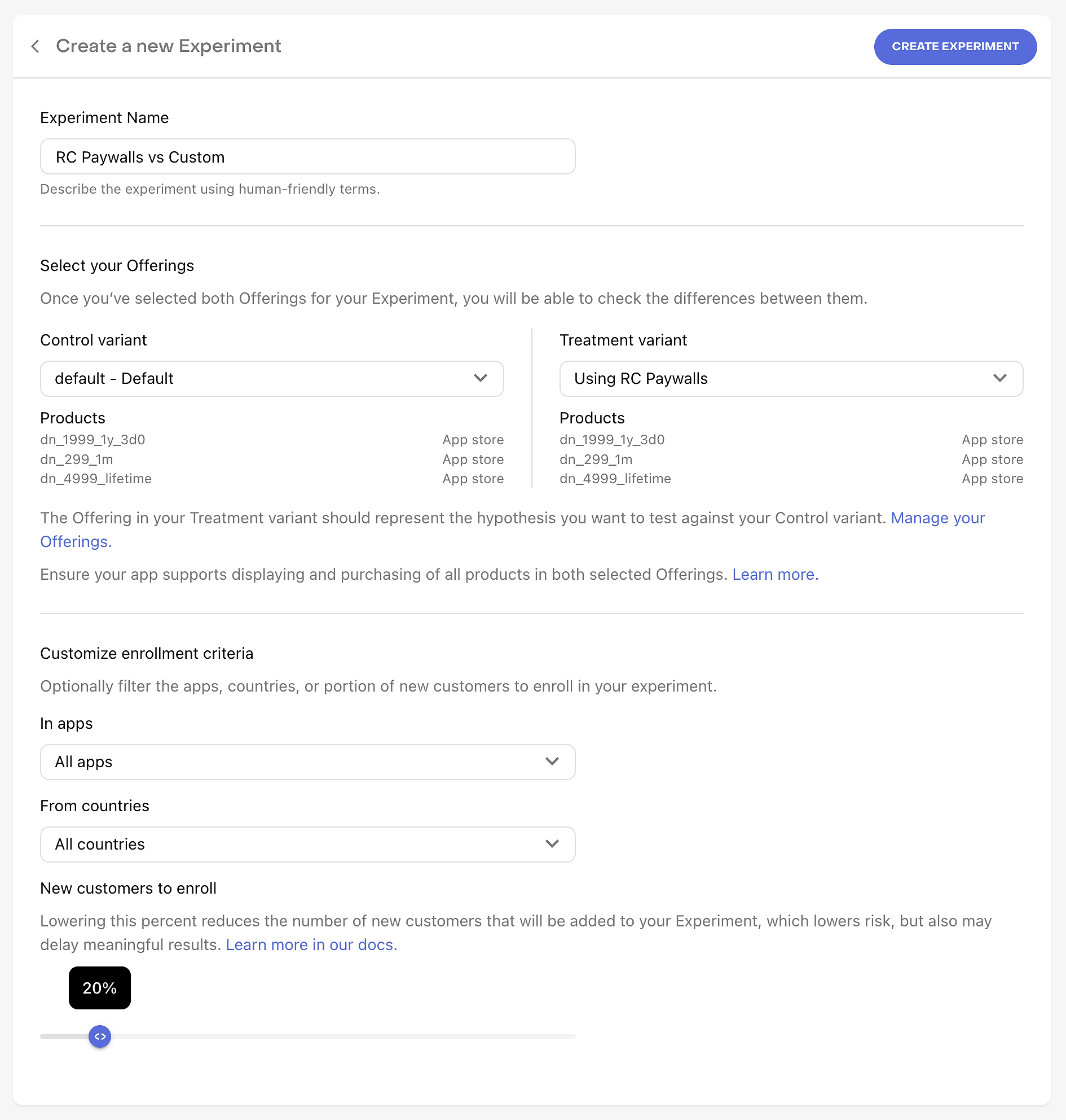 Experiment settings for testing my old paywall against the new RevenueCat paywall.