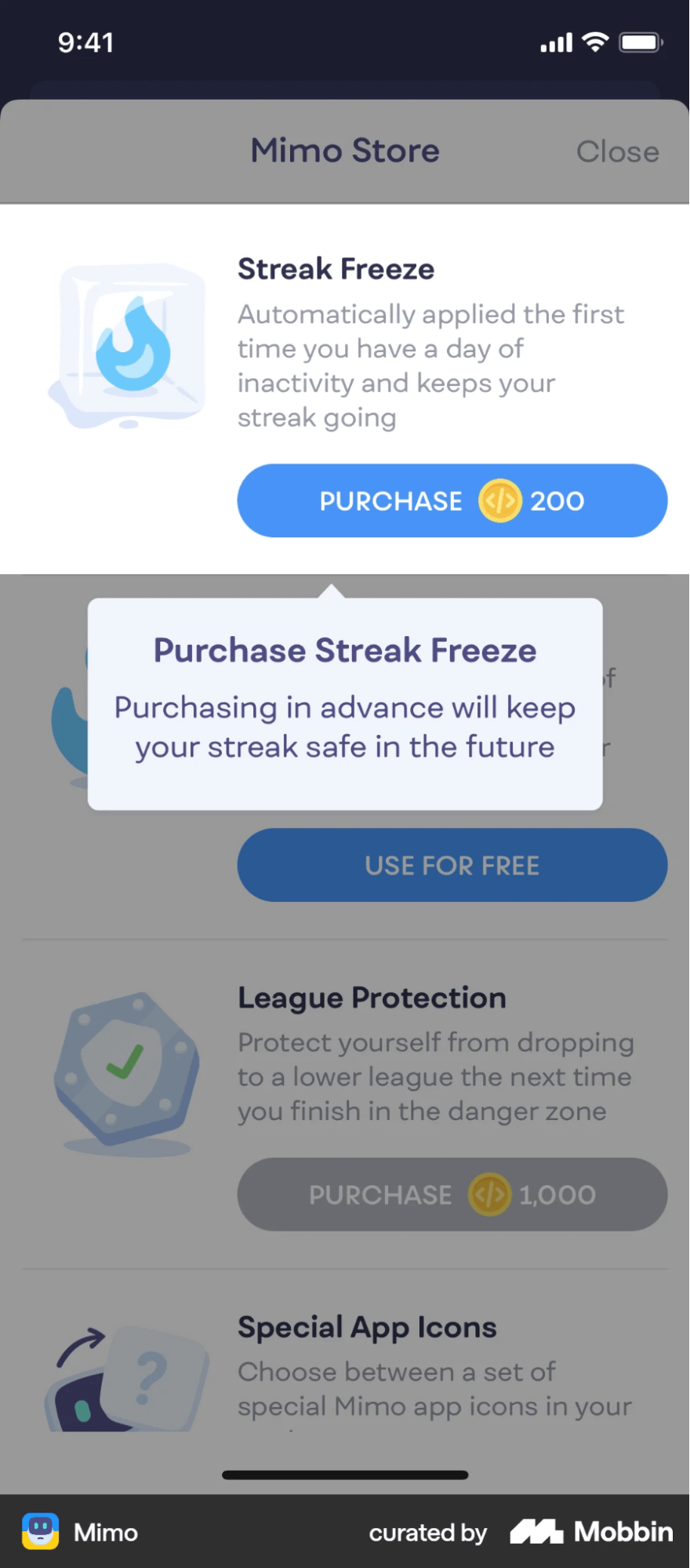 Mimo streak freeze option