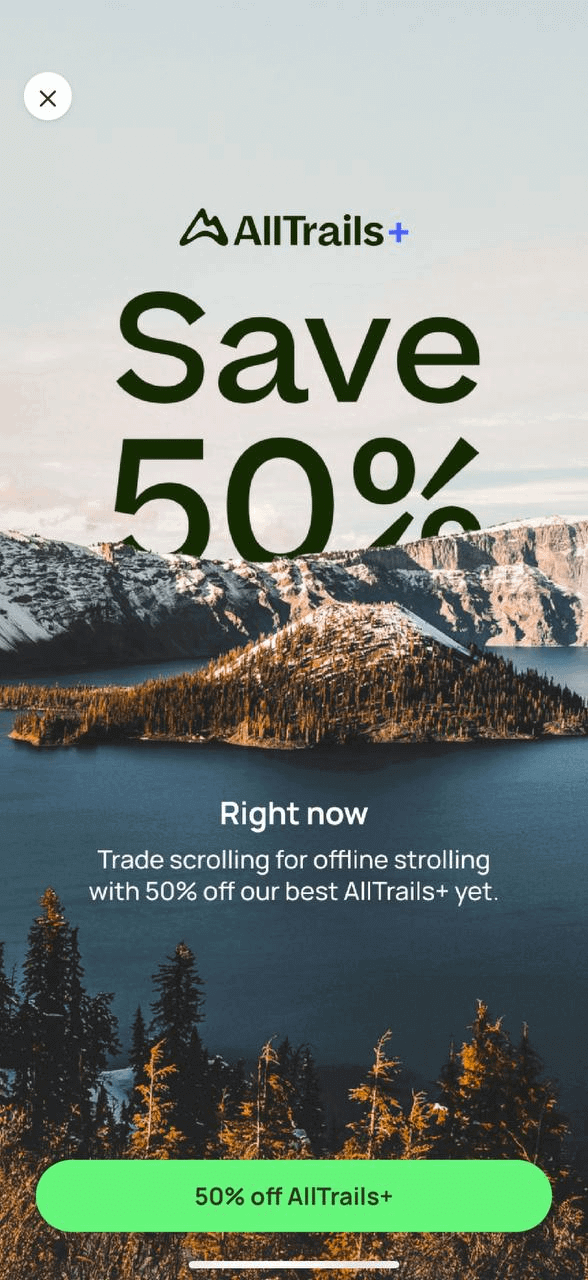 Paywall showing a 50% off discount placed clearly above subscription options.
